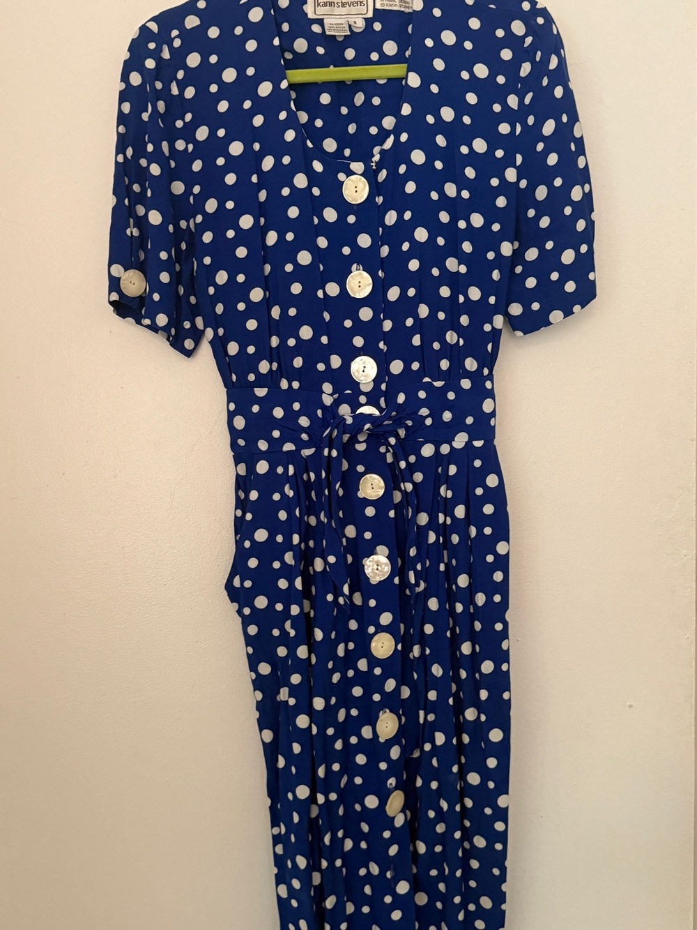 Vintage Karin Stevens Blue Polka Dot Button-Front Dress with pockets!